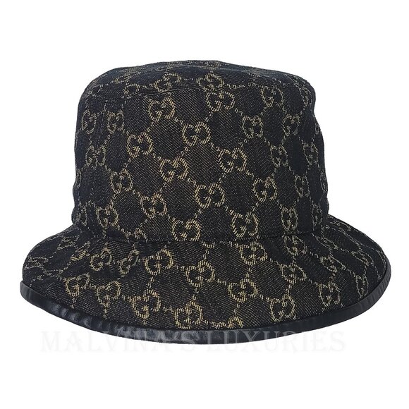 GUCCI HAT GG LOGO MONOGRAM JACQUARD BLACK w LEATHER TRIM BUCKET UNISEX - Picture 6 of 16